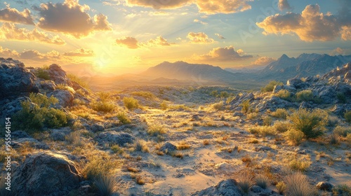 A tranquil Arizona desert morning scene with soft sunlight illuminating the landscape and highlighting the textures of the sand and rock.