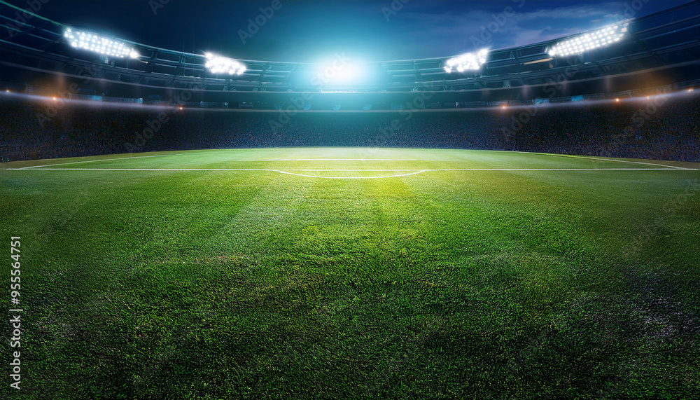 Football stadium for a game under the lights. Background of soccer, lush grass pitch Football stadium for a game under the lights. Background of soccer, lush grass pitch