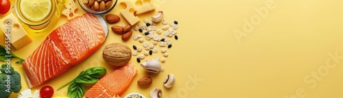 Creative food flat lay banner featuring healthy fats, proteins, and carbohydrates for a wellrounded and balanced diet, with solid background and copy space on center for advertise photo