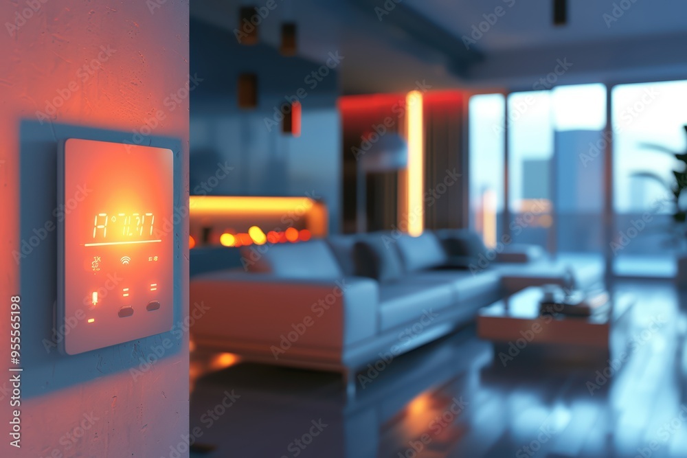 Modern smart home interior featuring a digital thermostat with ambient lighting and stylish furniture. Modern smart home interior featuring a digital thermostat with ambient lighting and stylish furniture.