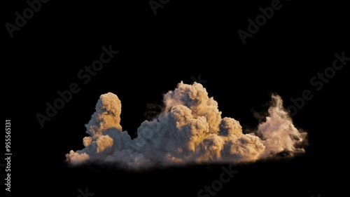 4k cloud loop. beautiful fast billowing cloud isolated on black background with alpha Matte, in beautiful sunset light, popular compositing element