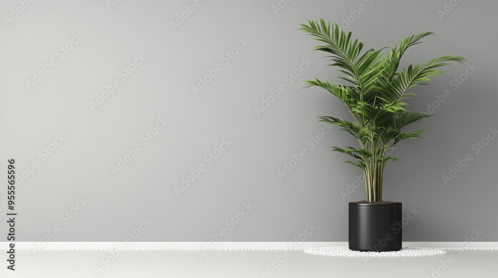 A dragon tree plant stands prominently in a sleek black pot adorned with white pebbles, set against a soft-toned wall, creating a calming and minimalist decor A dragon tree plant stands prominently in a sleek black pot adorned with white pebbles, set against a soft-toned wall, creating a calming and minimalist decor