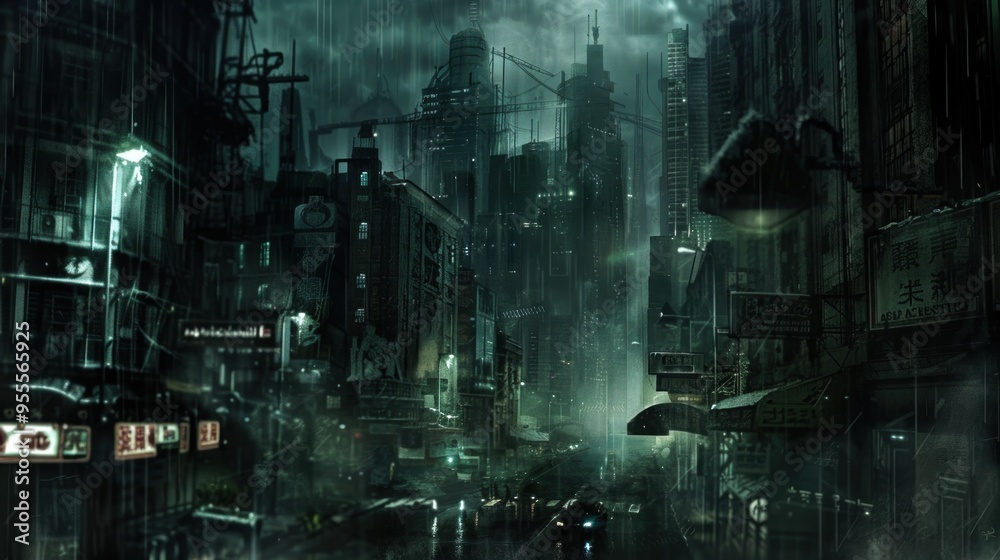 Obraz premium Dark Dystopian Cityscape with Futuristic Architecture and Atmosphere
