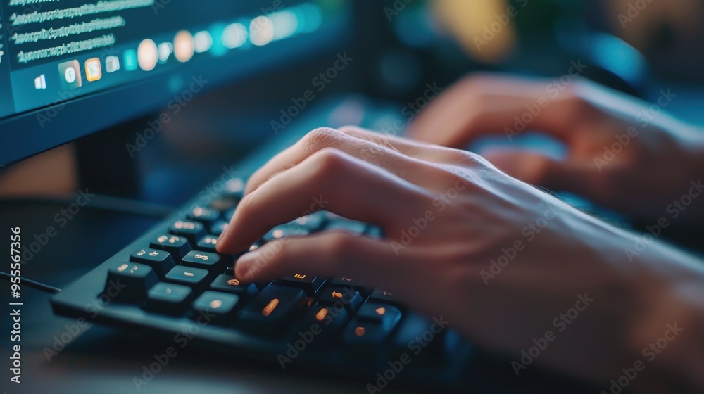 A close up of hands typing on a keyboard in a modern home office, dual monitors displaying hybrid work apps, soft lighting, cozy atmosphere. A close up of hands typing on a keyboard in a modern home office, dual monitors displaying hybrid work apps, soft lighting, cozy atmosphere.
