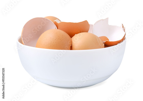 Broken eggshells in bowl isolated on white