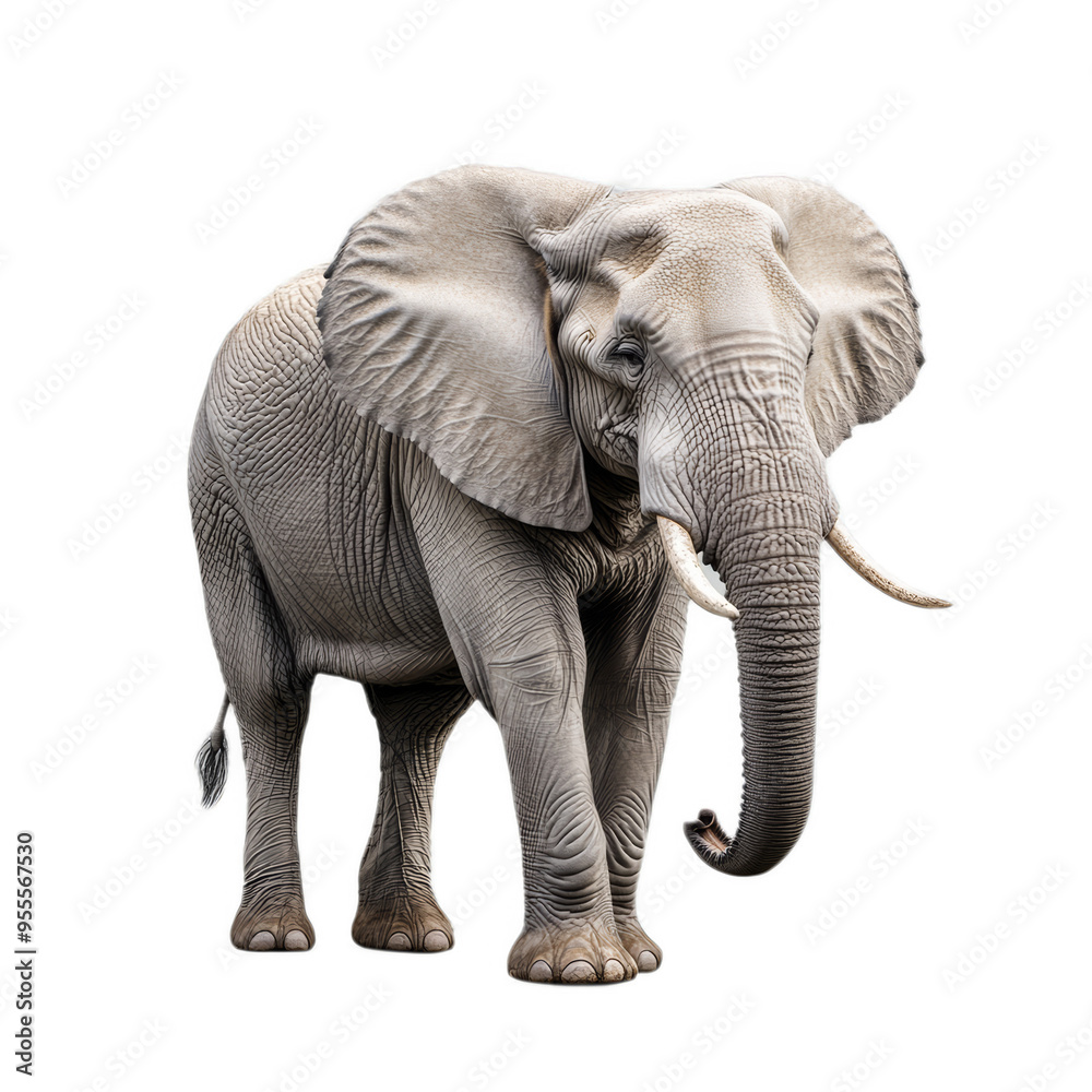 Fototapeta premium African elephant with large tusks and textured gray skin lifting its trunk isolated on a transparent background 