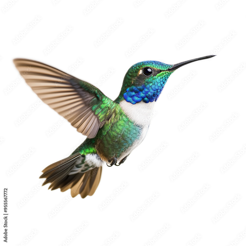 Obraz premium Brightly colored hummingbird in mid flight with iridescent green and blue feathers isolated on a transparent background