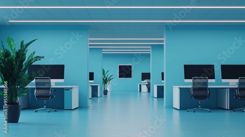 A futuristic coworking space where remote and in office employees interact via holographic displays, sleek and modern, cool tones, 3D render.