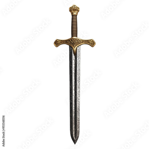Medieval broadsword with a double edged blade and an ornate gold crossguard isolated on a transparent background  photo