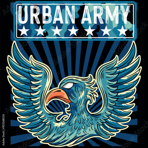 Illustration of an eagle in a military and tattoo style with blue colors and military college design texts and numbers on a patch and zig zag patterns, timeless fashion design.
