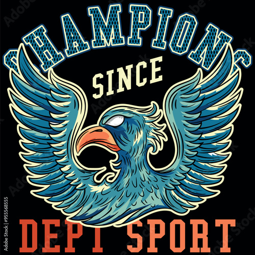 Illustration of an eagle in a military and tattoo style with blue colors and military college design texts and numbers on a patch and zig zag patterns, timeless fashion design.