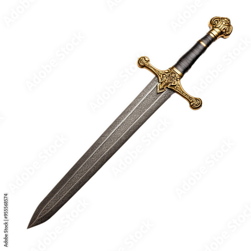 Medieval broadsword with a double edged blade and an ornate gold crossguard isolated on a transparent background 