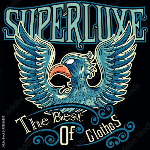 Illustration of an eagle in a military and tattoo style with blue colors and military college design texts and numbers on a patch and zig zag patterns, timeless fashion design.