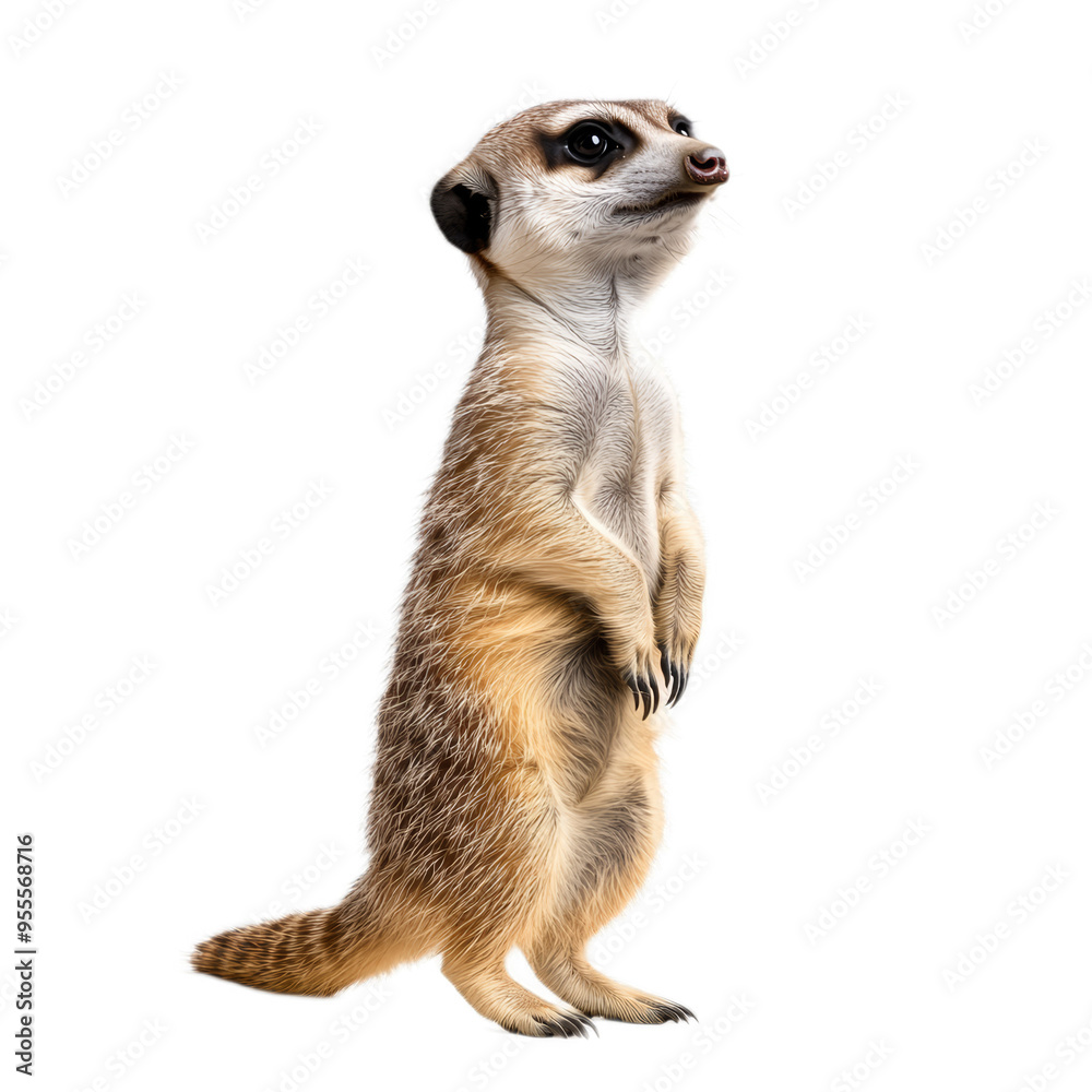 Playful meerkat standing upright on hind legs with alert posture isolated on a transparent background Playful meerkat standing upright on hind legs with alert posture isolated on a transparent background
