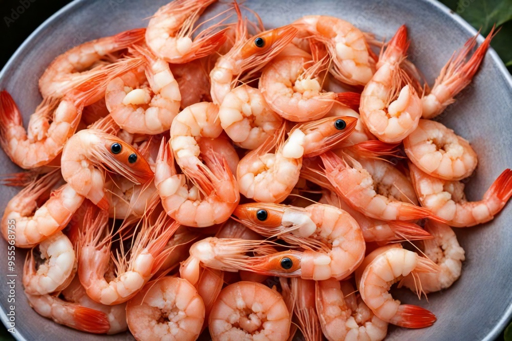 Dish of fresh boiled shrimps on a table