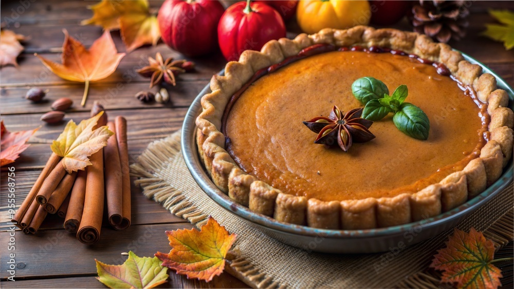 Autumn pumpkin pie with seasonal decorations on rustic wooden table Autumn pumpkin pie with seasonal decorations on rustic wooden table