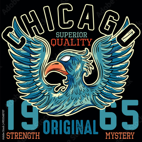 Illustration of an eagle in a military and tattoo style with blue colors and military college design texts and numbers on a patch and zig zag patterns, timeless fashion design.