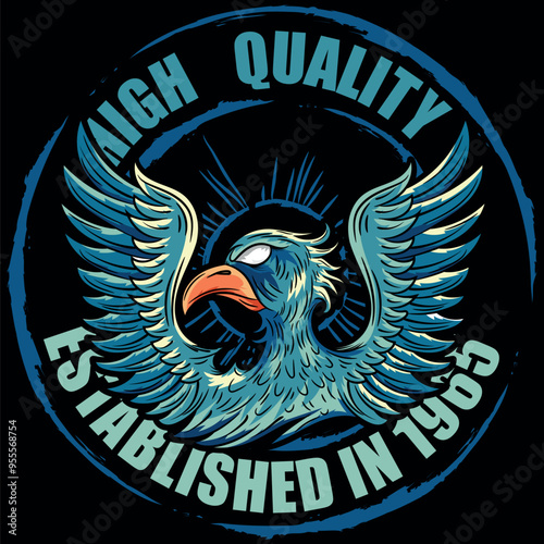Illustration of an eagle in a military and tattoo style with blue colors and military college design texts and numbers on a patch and zig zag patterns, timeless fashion design.