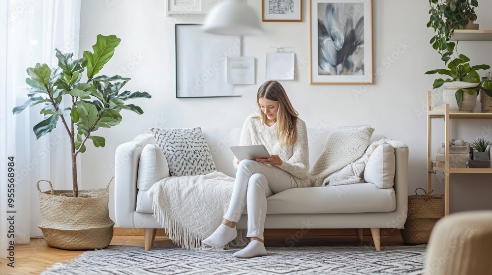 A woman sits comfortably on a sofa in a bright living room while using a tablet during the morning hours, surrounded by houseplants A woman sits comfortably on a sofa in a bright living room while using a tablet during the morning hours, surrounded by houseplants