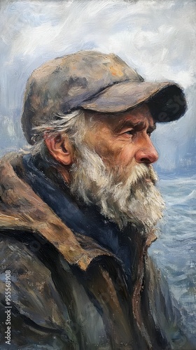 Weathered Sailor Gazing Pensively Out to Stormy Seascape in Dramatic Muted Nautical Oil Painting photo