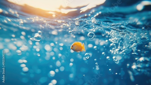 A tranquil underwater scene with small bubbles floating gently upwards, offering a peaceful and serene image with ample room for messaging. photo