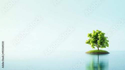 Serene image of a solitary green tree on a small island with a calm water reflection, against a minimalist sky background. photo