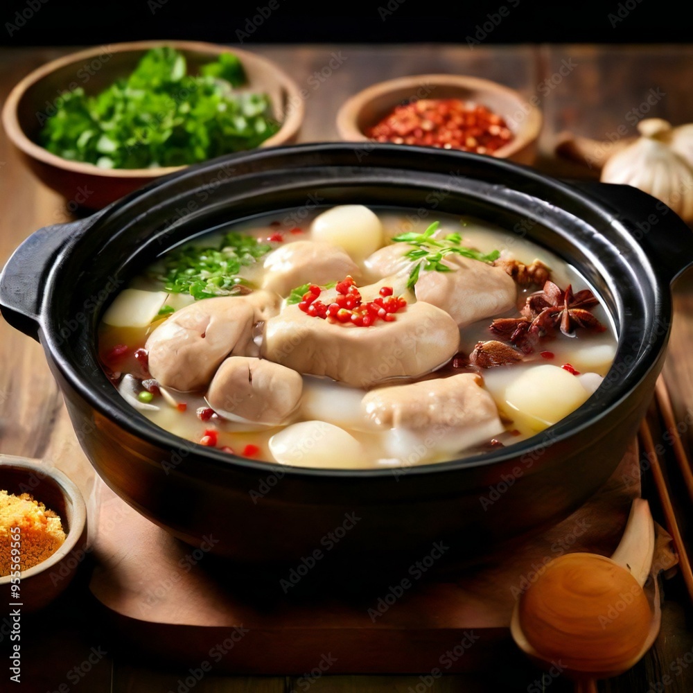 Steaming hot pot broths and raw ingredients to cook. Chinese cuisine and traditions Steaming hot pot broths and raw ingredients to cook. Chinese cuisine and traditions