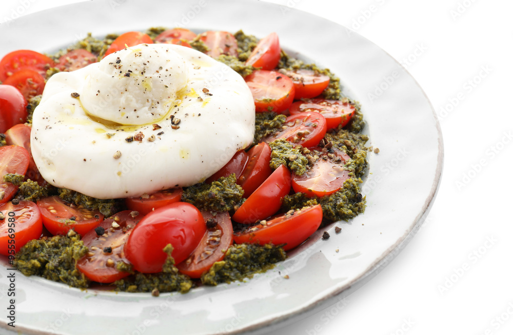 Fresh delicious burrata salad isolated on white Fresh delicious burrata salad isolated on white