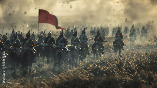 Cavalry charge across misty battlefield, with a red flag waving. Silhouetted horsemen with lances gallop through wheat field. Atmospheric scene with sparks and smoke in air