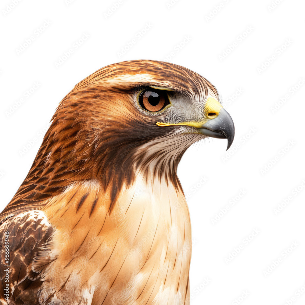 Red tailed hawk with intense gaze and feathers ruffled by wind isolated on a transparent background Red tailed hawk with intense gaze and feathers ruffled by wind isolated on a transparent background