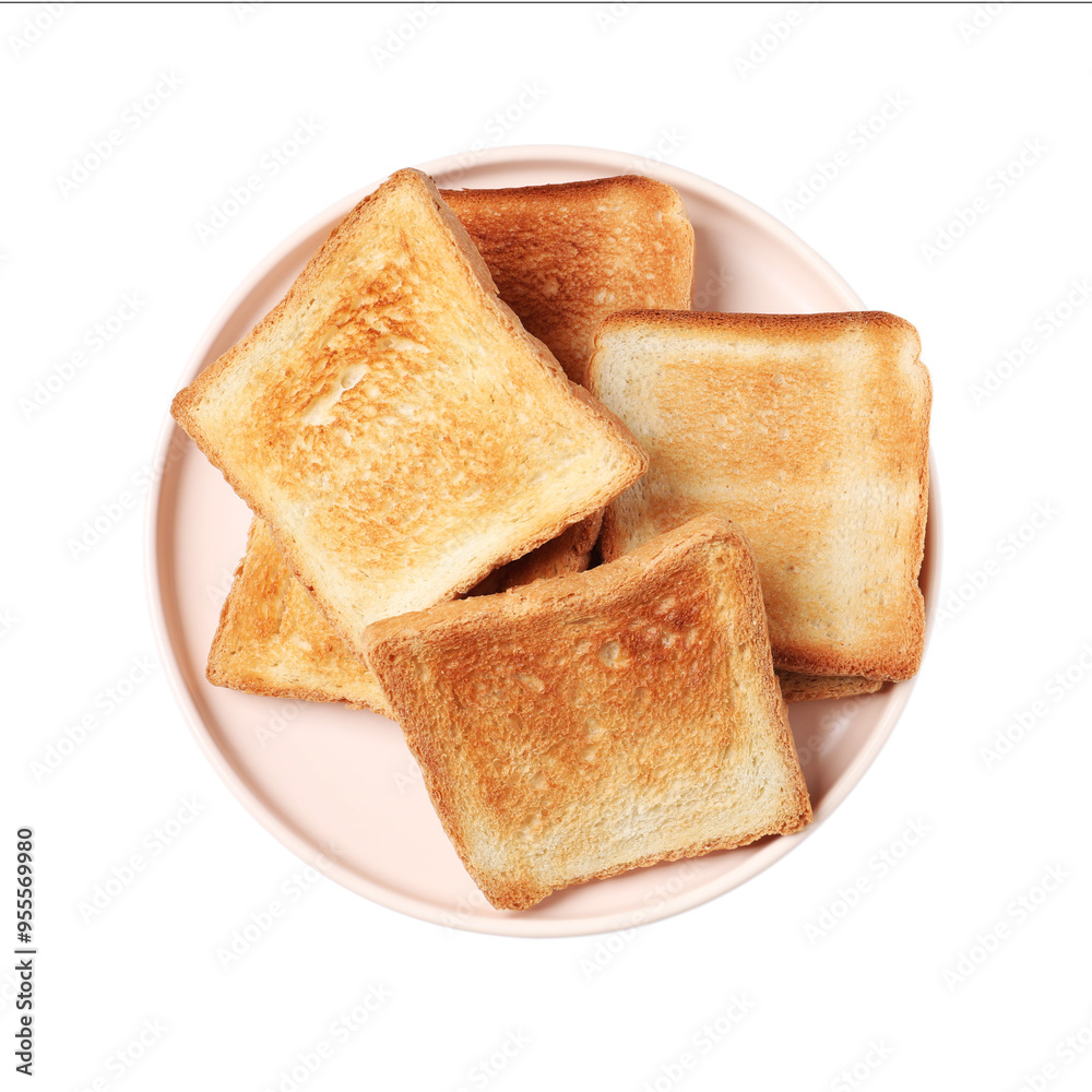 Delicious toasted bread slices isolated on white, top view Delicious toasted bread slices isolated on white, top view