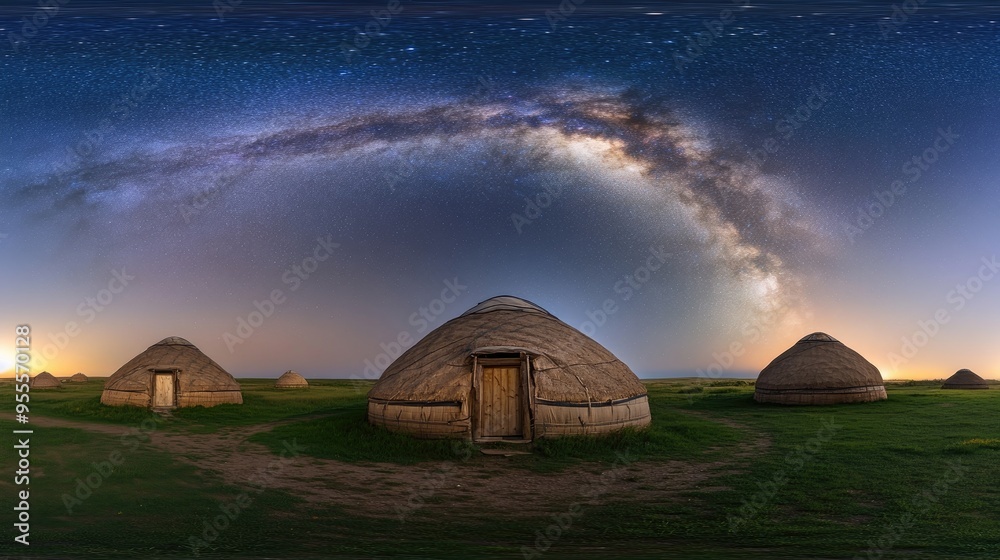 The night sky is filled with the Milky Way as yurts rest peacefully in the steppe, showcasing a tranquil scene illuminated by the stars The night sky is filled with the Milky Way as yurts rest peacefully in the steppe, showcasing a tranquil scene illuminated by the stars