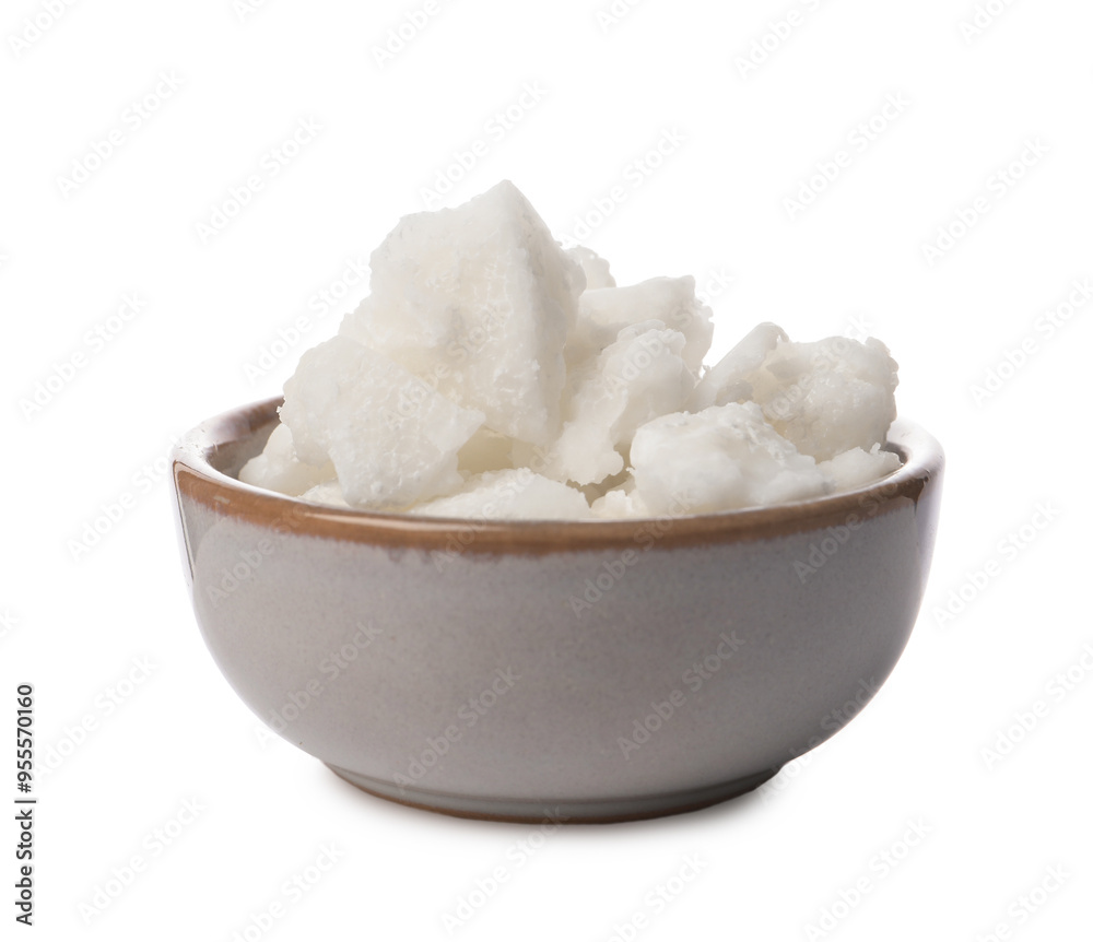 Shea butter in bowl isolated on white Shea butter in bowl isolated on white