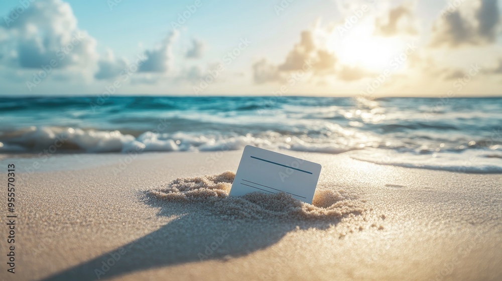 A travel insurance card half-buried in the sand on a tropical beach, symbolizing protection even on vacation. Ample copy space. A travel insurance card half-buried in the sand on a tropical beach, symbolizing protection even on vacation. Ample copy space.