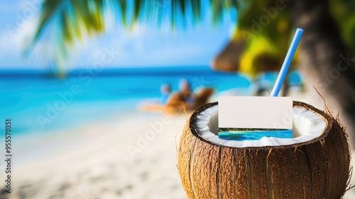 A travel insurance card placed on a coconut drink with a straw, set against the backdrop of a tropical beach. Clear copy space available.