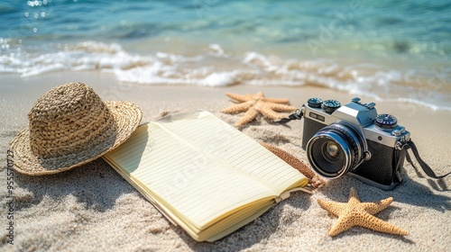 A travel journal and camera on the sand, capturing memories and the relaxation of vacation time. Clear space for copy.