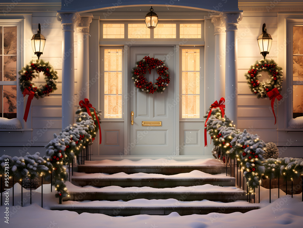 Fototapeta premium Christmas decorated front door with lights in winter 