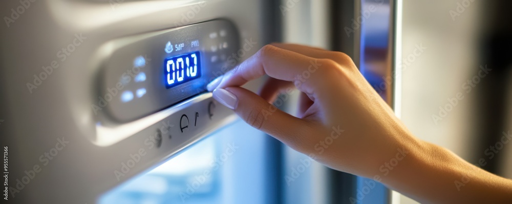 Macro shot of a woman's hand adjusting temperature on refrigerator control panel with digital display Macro shot of a woman's hand adjusting temperature on refrigerator control panel with digital display