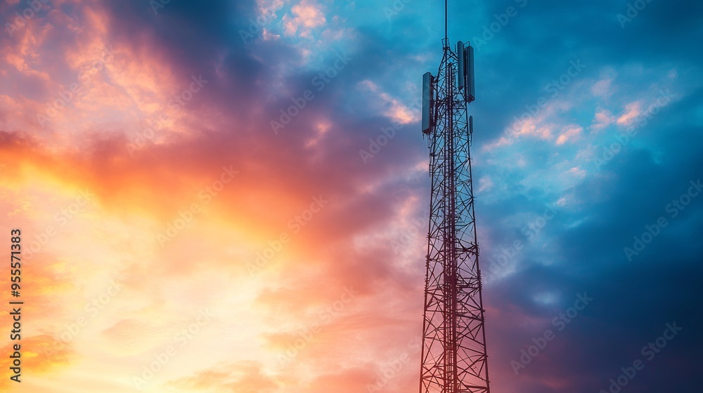 Telecommunications Tower Against Sunset Sky with Antenna. AI generated illustration Telecommunications Tower Against Sunset Sky with Antenna. AI generated illustration