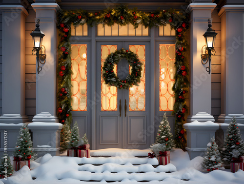 Christmas decorated front door with lights in winter 