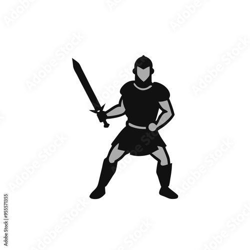 A male medieval warrior with a weapon in hand, vector silhouette clipart, isolated on white background