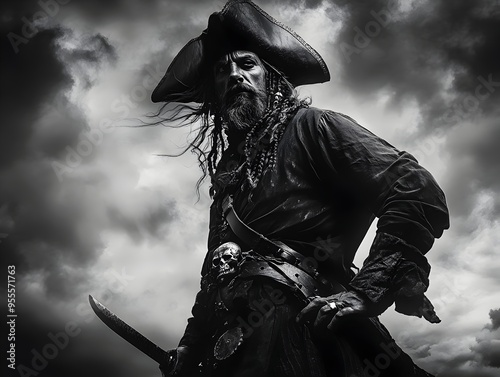 Bold and Charismatic Pirate Captain Wielding Ornate Cutlass Against Stormy Sea Backdrop in Dramatic