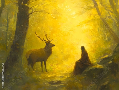 Wise Forest Guardian Communes with Ethereal Stag in Serene Woodland Painting photo