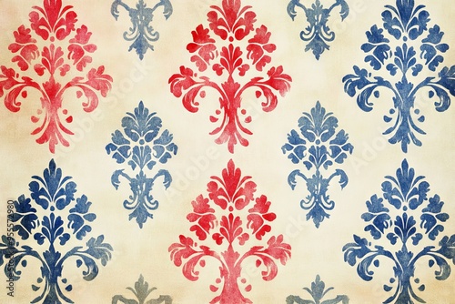 Watercolor Red, White, and Blue Damask Pattern on a Cream Background. AI generated illustration