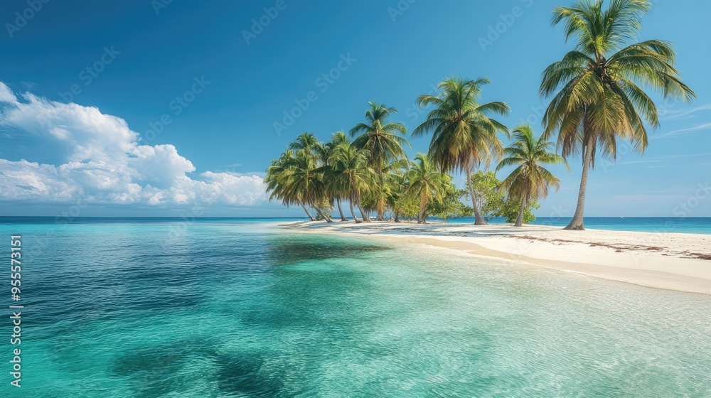 A tropical island scene with tall palm trees and white sandy beaches, under a clear blue sky. A tropical island scene with tall palm trees and white sandy beaches, under a clear blue sky.