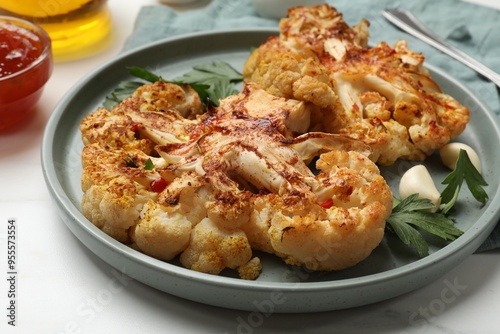 Delicious baked cauliflower steaks with garlic and parsley on white table, closeup