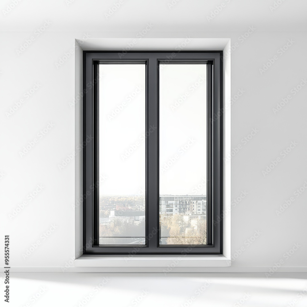 Modern double pane window with a view set in a minimalistic white interior creating a spacious atmosphere in any room Modern double pane window with a view set in a minimalistic white interior creating a spacious atmosphere in any room