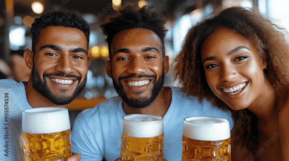 Three people are smiling and holding up their beer glasses. Scene is happy and relaxed Three people are smiling and holding up their beer glasses. Scene is happy and relaxed