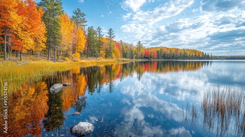 A vibrant autumn day at a Minnesota lake, with the colorful foliage reflected on the clear water.