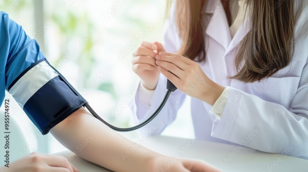 Obraz premium Close-up Doctor Performing Blood Pressure Check Compassionate action Clinical Setting white coat
